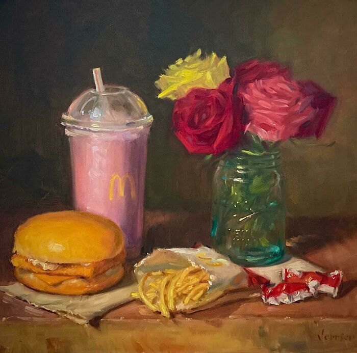 Painting of fast food with flowers, making people go 'hmmm', showing a burger, fries, shake, and roses in a jar.