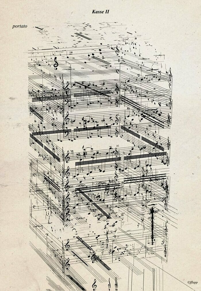 Abstract musical notes arranged in a 3D shape, creating a puzzling visual.