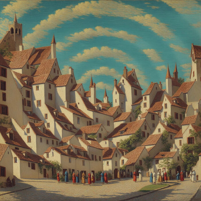 Whimsical village scene with tall, surreal houses and people in colorful attire.