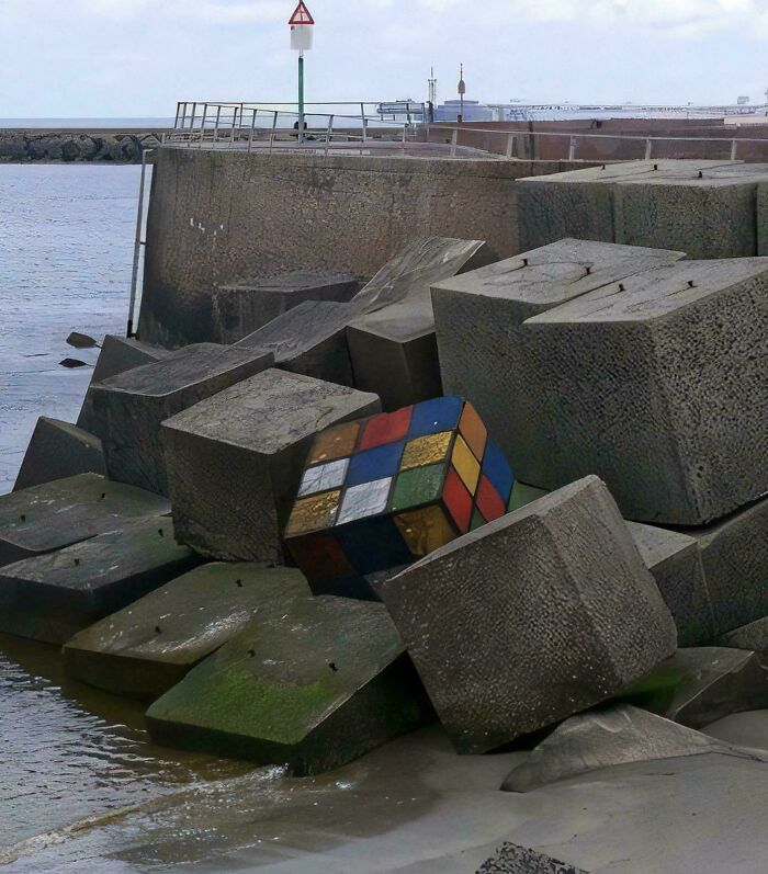 Giant Rubik's Cube structure among concrete blocks near the ocean.