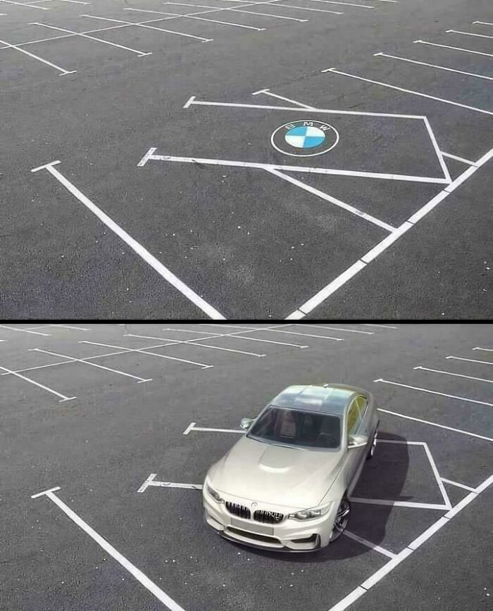 BMW car parked meticulously in a unique, oddly shaped parking spot, prompting a "hmmm" reaction.